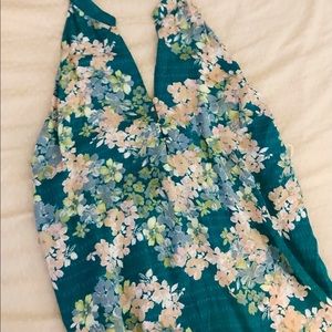 Blue green with pink floral print casual halterdress